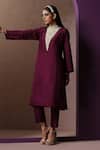 Shop_Wazir C_Maroon Silk, Cotton Embroidery Round Neck Yoke Kurta And Pant Set _Online_at_Aza_Fashions