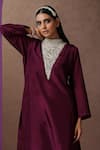 Wazir C_Maroon Silk, Cotton Embroidery Round Neck Yoke Kurta And Pant Set _at_Aza_Fashions