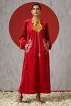 Buy_Wazir C_Red Velvet Embroidery Mandarin Collar Placement Dress _at_Aza_Fashions