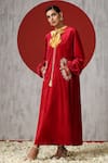Buy_Wazir C_Red Velvet Embroidery Mandarin Collar Placement Dress _Online_at_Aza_Fashions