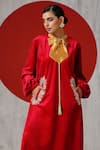 Shop_Wazir C_Red Velvet Embroidery Mandarin Collar Placement Dress _Online_at_Aza_Fashions