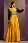 Buy_Wazir C_Yellow Muslin Embroidery Kashmiri Aari Round Yoke Corset Gown _at_Aza_Fashions