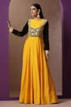 Wazir C_Yellow Muslin Embroidery Kashmiri Aari Round Yoke Corset Gown _Online_at_Aza_Fashions