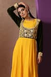 Shop_Wazir C_Yellow Muslin Embroidery Kashmiri Aari Round Yoke Corset Gown _Online_at_Aza_Fashions