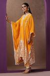 Wazir C_Yellow Crepe Embroidery V-neck Kashmiri Aari Kaftan And Pant Set_at_Aza_Fashions