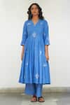 Label Earthen_Blue Mangalgiri Cotton Embroidery Thread V Asmani Sitara Anarkali Set  _Online_at_Aza_Fashions