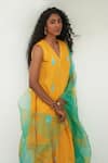 Label Earthen_Yellow Mangalgiri Cotton Embroidery Thread V Neck Lilly Placement Kurta Set_at_Aza_Fashions