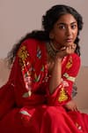 Label Earthen_Red Mangalgiri Cotton Embroidered Gul Ashaefi Anarkali And Pant Set _at_Aza_Fashions