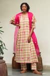 Buy_Label Earthen_Pink Mangalgiri Cotton Checkered V Neck Gul Mehendi Anarkali Set _at_Aza_Fashions