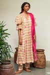 Shop_Label Earthen_Pink Mangalgiri Cotton Checkered V Neck Gul Mehendi Anarkali Set _Online_at_Aza_Fashions