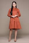 Buy_Ritu Kumar_Orange Cotton And Satin Shirt Collar Ruffle Dress _at_Aza_Fashions