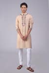 Buy_Talking Threads_Beige Silk Embroidered Kashidakari Band Collar Floral Kurta  _at_Aza_Fashions