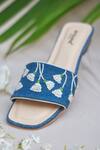 AROUND ALWAYS_Blue Thread And Bead Embroidered Gardenia Denim Sliders _Online_at_Aza_Fashions