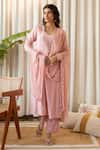 Buy_Kapraaaha_Pink Muslin Embroidered Yoke Geometric Round Neck Kurta Set  _at_Aza_Fashions