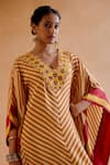 Amisha Kothari_Yellow Silk Printed Candy Stripe V Neck Mohini Embroidered Kaftan _at_Aza_Fashions