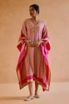 Buy_Amisha Kothari_Pink Silk Printed Candy Stripe V Neck Mohini Embroidered Kaftan  _at_Aza_Fashions