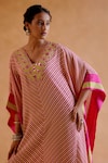 Amisha Kothari_Pink Silk Printed Candy Stripe V Neck Mohini Embroidered Kaftan  _at_Aza_Fashions