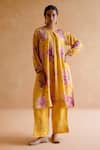 Buy_Amisha Kothari_Yellow Silk Printed Floral Round Gauri Kurta And Pant Set  _at_Aza_Fashions