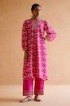 Shop_Amisha Kothari_Pink Silk Printed Digital V Neck Asavari Tunic And Pant Set _Online_at_Aza_Fashions