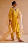 Buy_Amisha Kothari_Yellow Chanderi Silk Embroidered Zardosi V Neck Kurta Pant Set  _at_Aza_Fashions