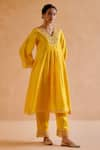 Amisha Kothari_Yellow Chanderi Silk Embroidered Zardosi V Neck Kurta Pant Set  _Online_at_Aza_Fashions