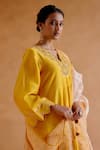 Amisha Kothari_Yellow Chanderi Silk Embroidered Zardosi V Neck Kurta Pant Set  _at_Aza_Fashions