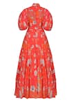 Sruti Dalmia_Red Mixed Raw Silk Bamboo Viscose Print Hibiscus Puff Sleeve Dress  _Online_at_Aza_Fashions