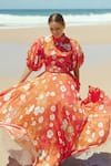 Sruti Dalmia_Red Mixed Raw Silk Bamboo Viscose Print Hibiscus Puff Sleeve Dress  _at_Aza_Fashions