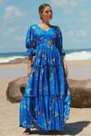 Sruti Dalmia_Blue Mixed Raw Silk Bamboo Viscose Hand Painted Calcutta Theme V Dress _Online_at_Aza_Fashions