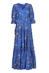 Buy_Sruti Dalmia_Blue Mixed Raw Silk Bamboo Viscose Hand Painted Calcutta Theme V Dress 