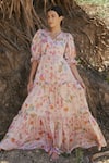 Buy_Sruti Dalmia_Pink Bamberg Satin Print Calcutta Theme V Neck Doodle Maxi Dress  _at_Aza_Fashions