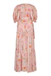 Sruti Dalmia_Pink Bamberg Satin Print Calcutta Theme V Neck Doodle Maxi Dress  _Online_at_Aza_Fashions