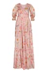 Shop_Sruti Dalmia_Pink Bamberg Satin Print Calcutta Theme V Neck Doodle Maxi Dress  