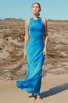 Buy_Sruti Dalmia_Blue Satin Plain Cowl Neck Bodycon Dress  _at_Aza_Fashions