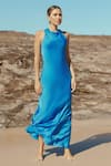 Shop_Sruti Dalmia_Blue Satin Plain Cowl Neck Bodycon Dress  _Online_at_Aza_Fashions