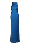 Sruti Dalmia_Blue Satin Plain Cowl Neck Bodycon Dress  _at_Aza_Fashions