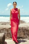 Sruti Dalmia_Red Satin Plain Cowl Neck Bodycon Dress  _Online_at_Aza_Fashions