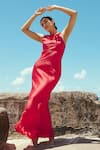 Buy_Sruti Dalmia_Red Satin Plain Cowl Neck Bodycon Dress  _Online_at_Aza_Fashions