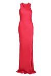 Sruti Dalmia_Red Satin Plain Cowl Neck Bodycon Dress  _at_Aza_Fashions