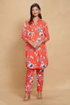 Gulabo by Abu Sandeep_Red Cotton Satin Print Floral Collared Neck Long Shirt _Online_at_Aza_Fashions