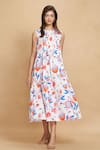 Buy_Gulabo by Abu Sandeep_White Cotton Satin Print Floral Round Neck Garden Bloom Dress_at_Aza_Fashions