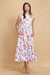 Gulabo by Abu Sandeep_White Cotton Satin Print Floral Round Neck Garden Bloom Dress_Online_at_Aza_Fashions