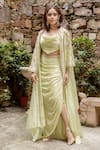 Buy_PUNIT BALANA_Green Satin Silk Printed Chevron Cape Open Embroidered And Draped Skirt Set _at_Aza_Fashions