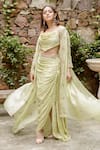 PUNIT BALANA_Green Satin Silk Printed Chevron Cape Open Embroidered And Draped Skirt Set _at_Aza_Fashions