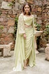 Shop_PUNIT BALANA_Green Satin Silk Printed Chevron Cape Open Embroidered And Draped Skirt Set 