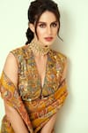 Taavare_Yellow Tissue Organza Printed Floral V Neck And Paisley Saree With Blouse_Online_at_Aza_Fashions