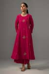 Label Shreya Sharma_Fuchsia Kurta And Pant Chanderi Embroidered Floral Round Set _Online_at_Aza_Fashions