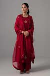 Label Shreya Sharma_Red Kurta And Pant Chanderi Embroidered Floral Round Set _Online_at_Aza_Fashions