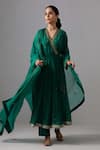 Buy_Label Shreya Sharma_Green Kurta And Pant Chanderi Embroidered Floral V Neck Angarkha Anarkali Set _at_Aza_Fashions