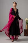 Buy_Label Shreya Sharma_Black Kurta And Pant Chanderi Embroidered Floral V Neck Angarkha Anarkali Set_at_Aza_Fashions